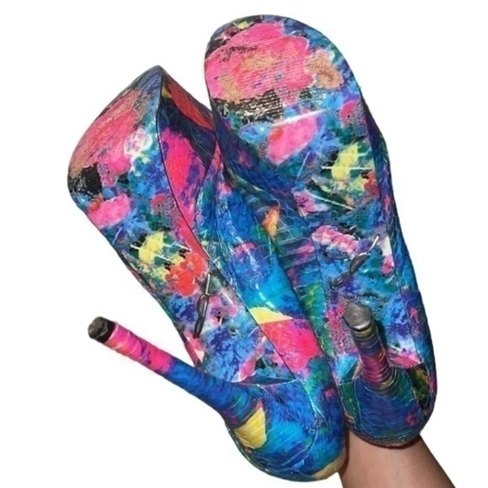 Brian Atwood Bambola Multicolored Snakeprint Peep‎ Toe Platform Heels Size 8.5